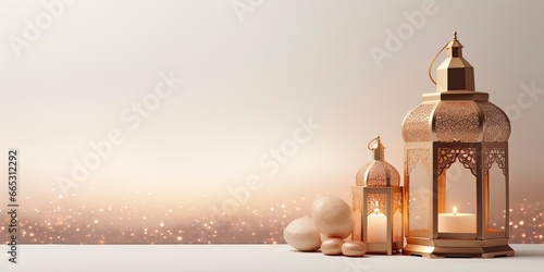 Celebration of islamic eid mubarak and eid al adha lantern in a light background. © MdAbdul