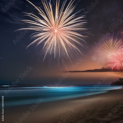 A serene beach at night with fireworks lighting up the sky4