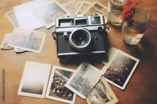 Photo of old era digital camera and vintage artistic photos lying on wooden table. 