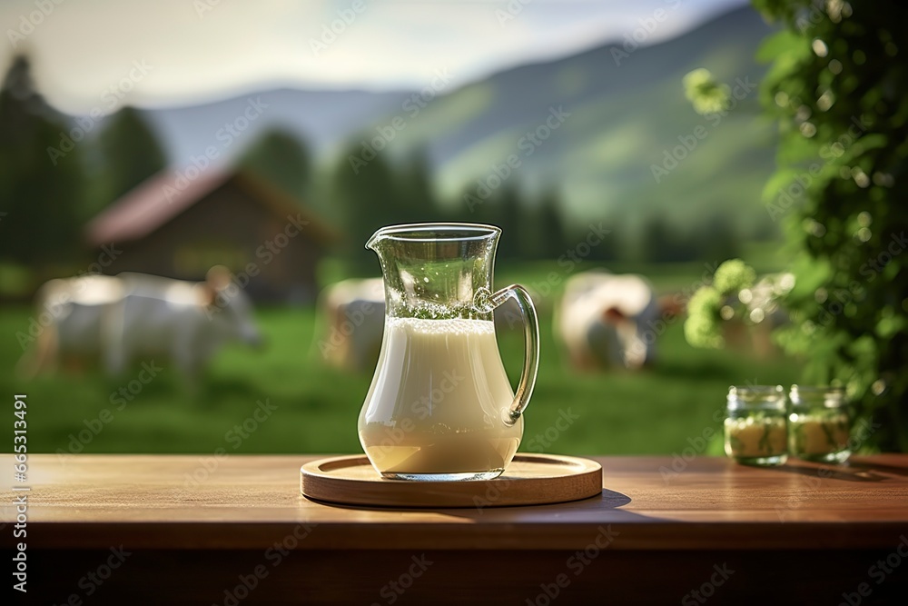 Glass pitcher with fresh milk on a wooden table. Glass pitcher with fresh milk on a wooden table.