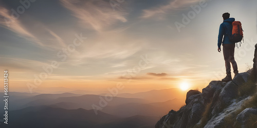 Young man hiker looking sunset at top of the mountain. goals concept. success concept. photo