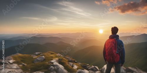 Young man hiker looking sunset at top of the mountain. goals concept. success concept.