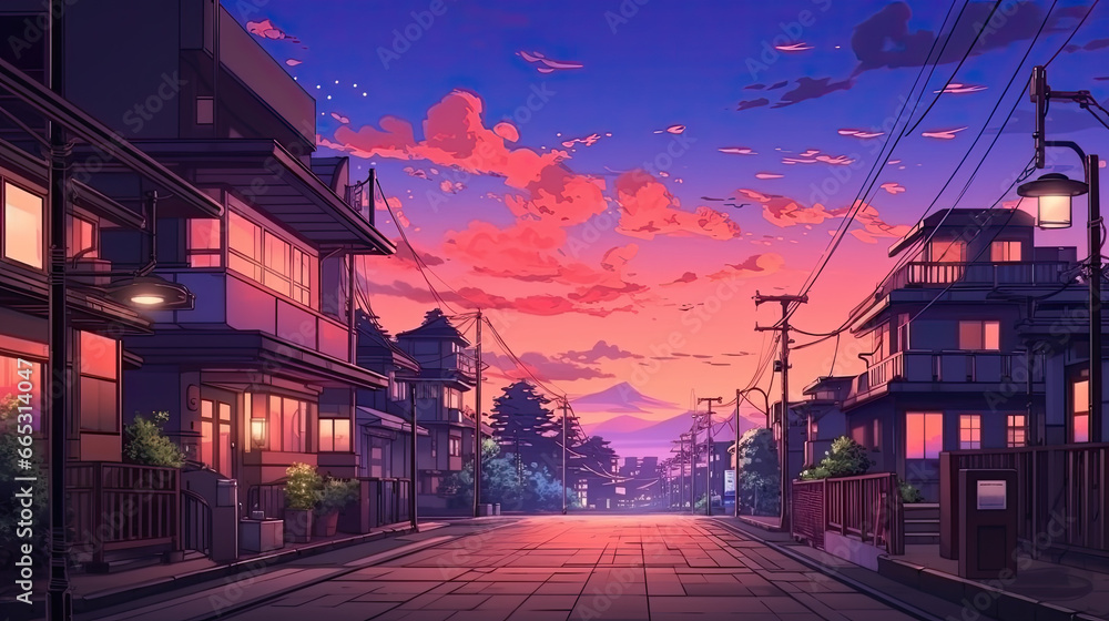 A beautiful japanese tokyo city town in the evening. houses at the street. anime comics artstyle. cozy lofi asian architecture. AI Generative - obrazy, fototapety, plakaty 