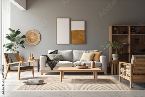 Interior of light living room with grey sofas  wooden armchair  and coffee table.