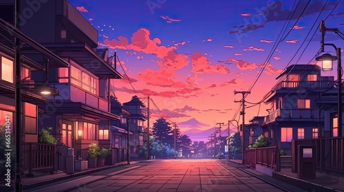 A beautiful japanese tokyo city town in the evening. houses at the street. anime comics artstyle. cozy lofi asian architecture. AI Generative