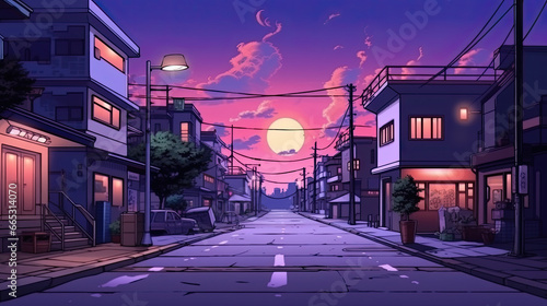 A beautiful japanese tokyo city town in the evening. houses at the street. anime comics artstyle. cozy lofi asian architecture. AI Generative photo