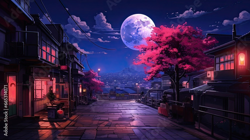 A beautiful japanese tokyo city town in the evening. houses at the street. anime comics artstyle. cozy lofi asian architecture. AI Generative photo