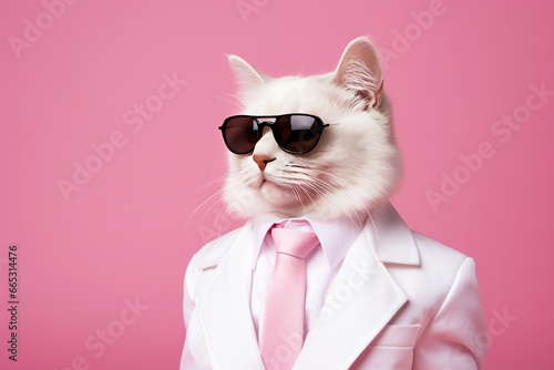 A cat is wearing sunglasses and suit on Pink Background.