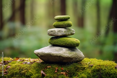 Pyramid stones balance on old mossy fallen tree.