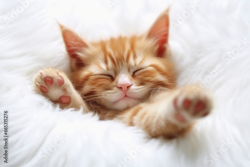 Red kitten, cat sleeping cute on white fur.