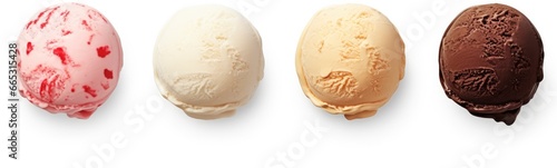 Set of four various ice cream balls or scoops isolated on white background.