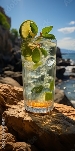 Stunning photo of cocktail mojito, a sunny summer beach in the background.
