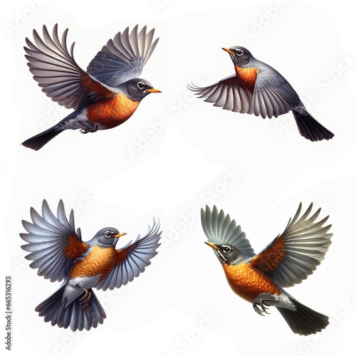 A set of male and female American Robins flying isolated on a white background