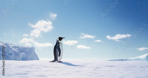 Penguin standing in Antarctica looking into the blue sky.