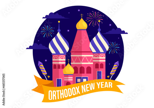 Happy Orthodox New Year Vector Illustration on 14 January with Church and Fireworks for Poster or Banner in Flat Cartoon Background Design