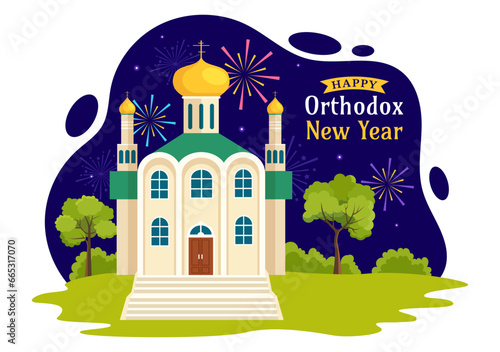 Happy Orthodox New Year Vector Illustration on 14 January with Church and Fireworks for Poster or Banner in Flat Cartoon Background Design