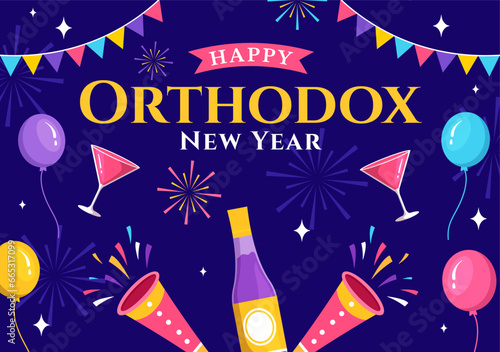 Happy Orthodox New Year Vector Illustration on 14 January with Church and Fireworks for Poster or Banner in Flat Cartoon Background Design