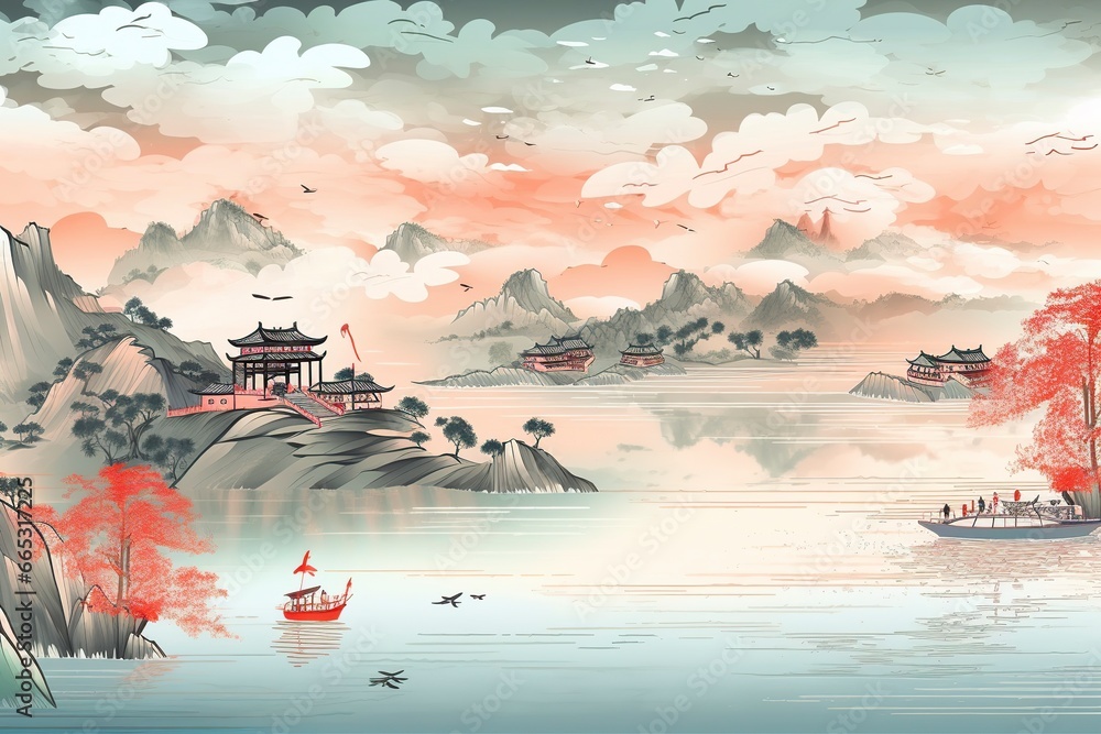 Chinese landscape map, distant mountains, clear rivers, ancient buildings, ships, birds, clouds and mist, brilliant light.