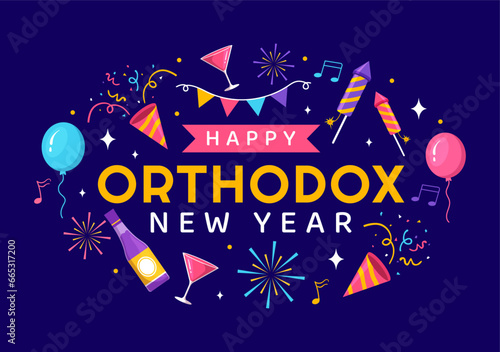 Happy Orthodox New Year Vector Illustration on 14 January with Church and Fireworks for Poster or Banner in Flat Cartoon Background Design