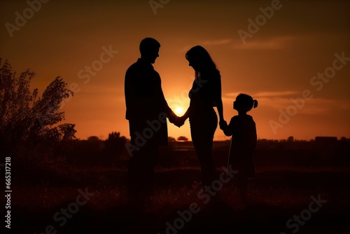 Shadow of Happy family together, parents with their little baby at sunset. A Silhouette of Love and Unity.