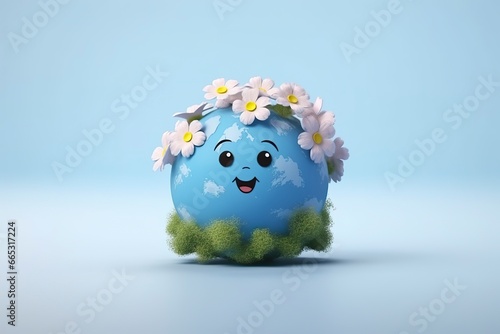 3D Cute Earth with Flower on White Background. Planet Earth Day or Environment Day Concept.