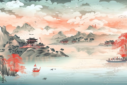 Chinese landscape map, distant mountains, clear rivers, ancient buildings, ships, birds, clouds and mist, brilliant light.