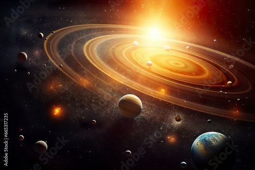 Our 3d Solar system with planets in orbits path.