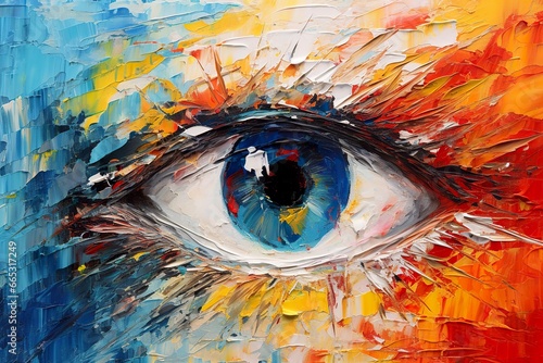“Fluorite” oil painting. Conceptual abstract picture of the eye. Oil painting in colorful colors. Conceptual abstract closeup of an oil painting and palette knife on canvas.