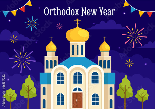 Happy Orthodox New Year Vector Illustration on 14 January with Church and Fireworks for Poster or Banner in Flat Cartoon Background Design
