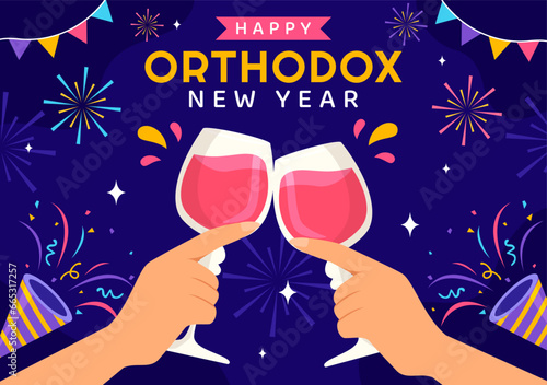 Happy Orthodox New Year Vector Illustration on 14 January with Church and Fireworks for Poster or Banner in Flat Cartoon Background Design