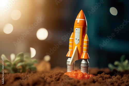 Toy rocket takes off business and finances success concept.