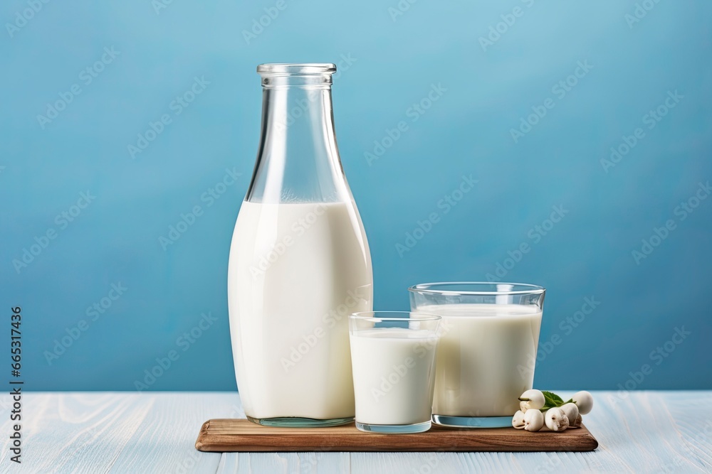 A bottle of milk and a glass of milk on a wooden table on a blue background. A bottle of milk and a glass of milk on a wooden table on a blue background.