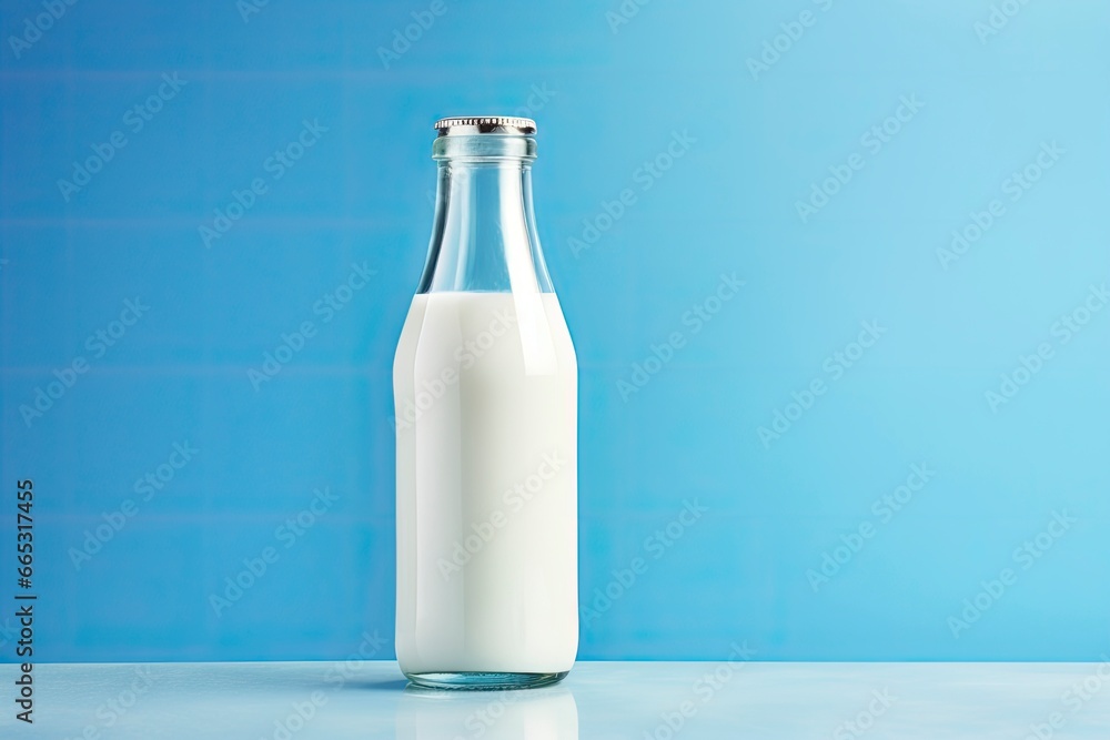 A glass bottle with full milk on blue background. A glass bottle with full milk on blue background.