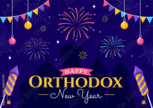 Happy Orthodox New Year Vector Illustration on 14 January with Church and Fireworks for Poster or Banner in Flat Cartoon Background Design