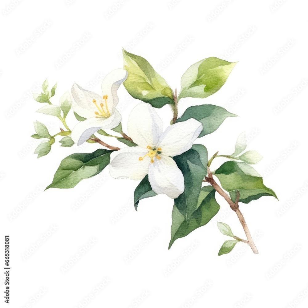 Jasmine Watercolor White Background, Cartoon Illustration Background Jasmine Watercolor White Background, Cartoon Illustration Background
