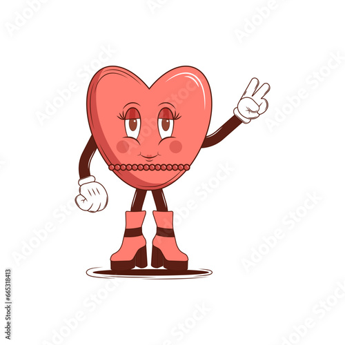 Character Heart with beads on a white background. Groovy retro cartoon lovely heart sticker, patch. Valentines Day. For poster, card, print. Trendy retro 60s 70s style. Red, pink colors. Vector photo