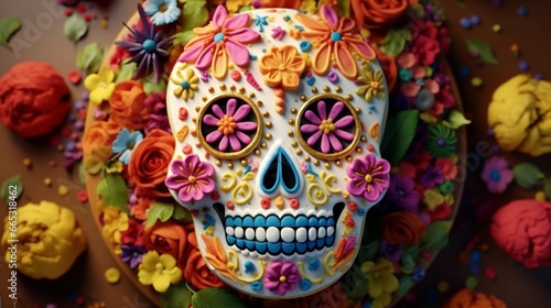 a sugar biscuit in the shape of a sugar skull decorated with sweets and edible flowers