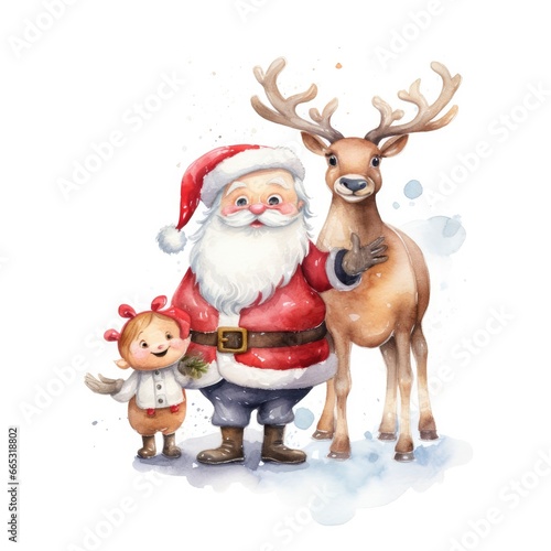Cute Santa Claus standing with reindeer. © MdAbdul