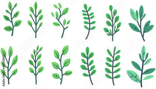 Cartoon branch with Green Leaves on Transparent Background, Flat Vector Illustration