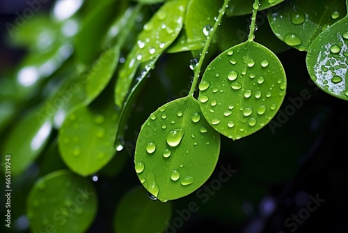Green leaves with water droplets on them.