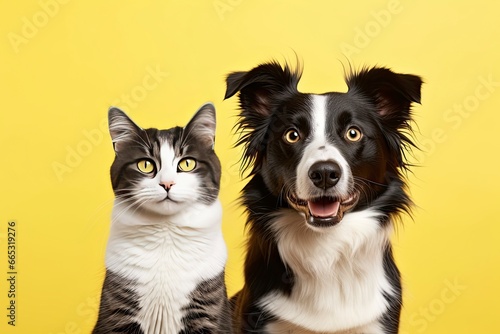  Cat and dog together with happy expressions on yellow background. © MdAbdul