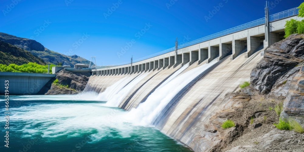 Hydroelectric dam generating green energy from flowing water.