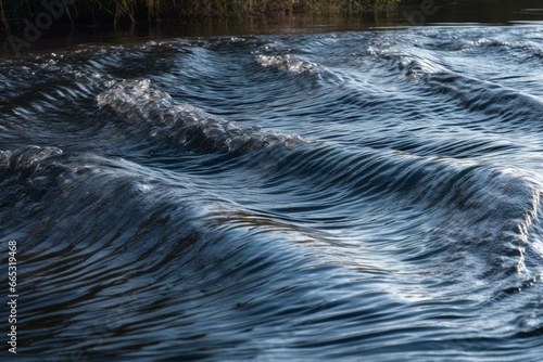 Water flowing through a mini-dam, forming ripples and patterns with froth. Generative AI