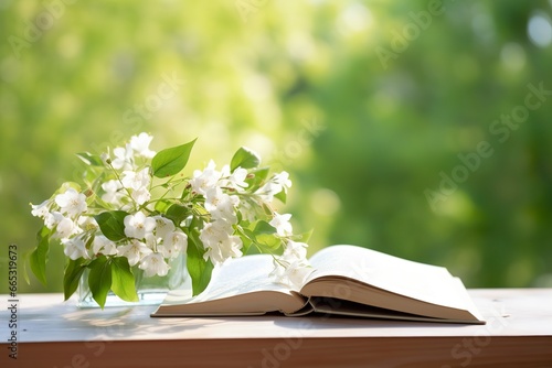 Jasmine flowers in a vase and open book on the table, green natural background. © MdAbdul