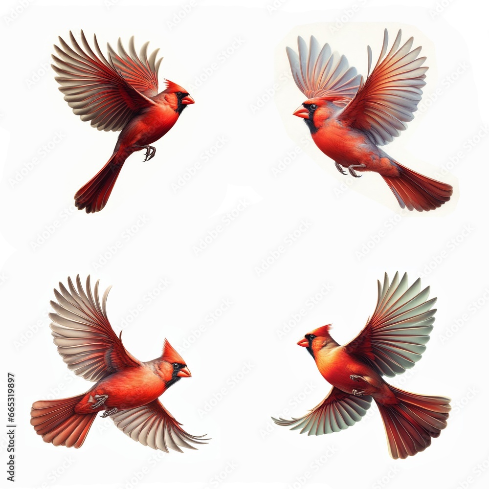 A set of Northern Cardinals flying isolated on a white background A set of Northern Cardinals flying isolated on a white background