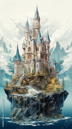 fantasy castle on floating island with falling water in epic fairytale landscape photo