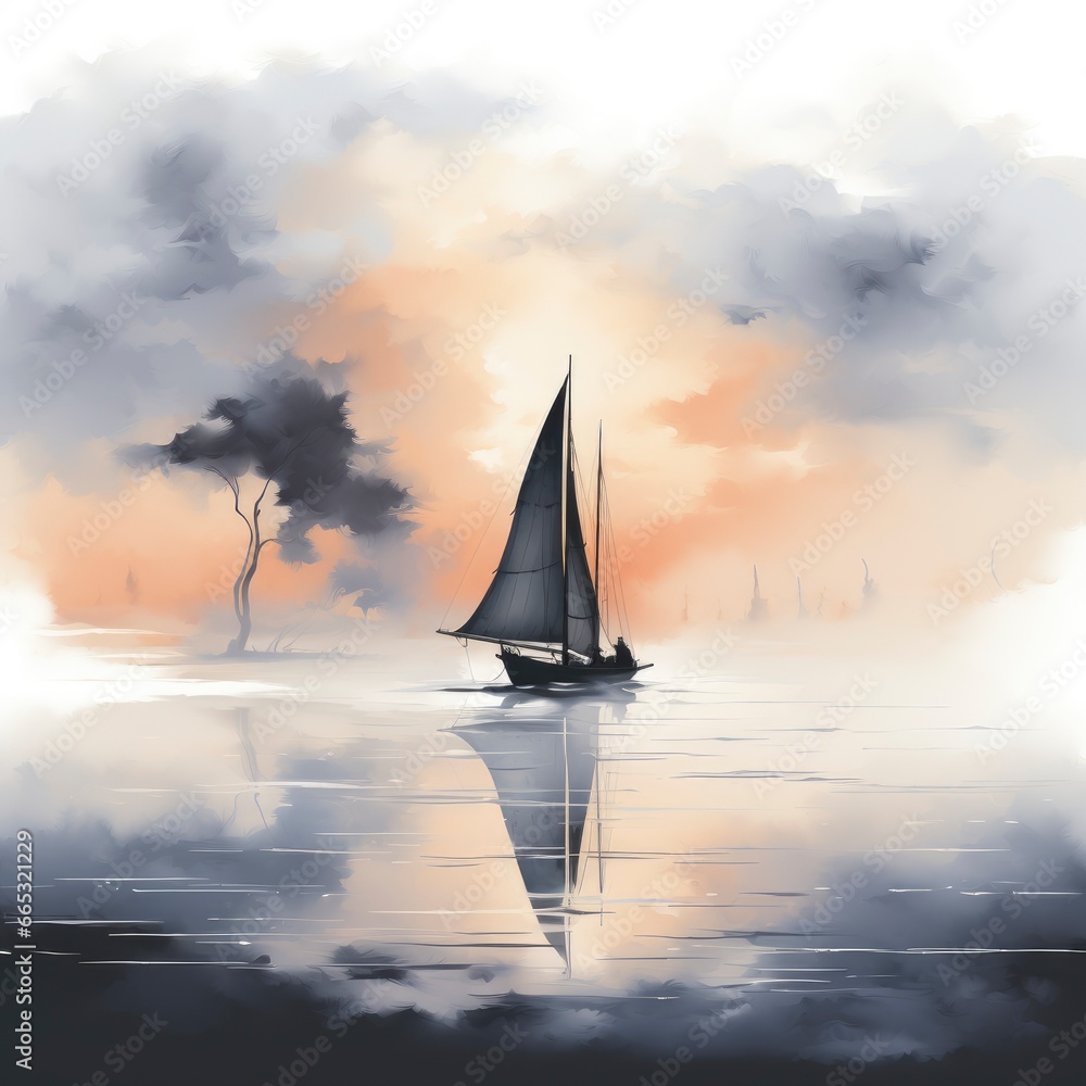 Fototapeta premium Sailboat On A Misty Morning Foggy Sailing Adventure, Cartoon Illustration Background