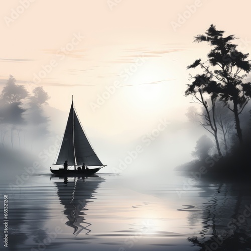 Sailboat On A Misty River River Sailing Adventure, Cartoon Illustration Background