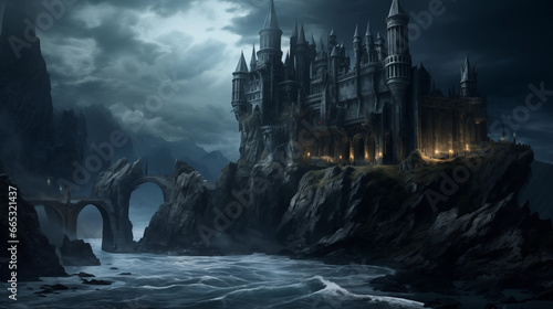 fantasy dark black castle lit up in epic round flowing river landscape at night