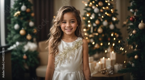 Young happy girl with white princess dress beside Christmas tree © Digital AI Vault